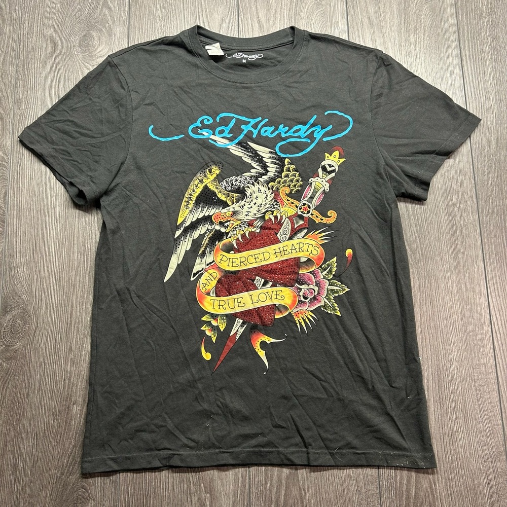 Ed Hardy Mens Pierced Hearts True Love Medium Y2k Rhinestone Graphic Shirt Black